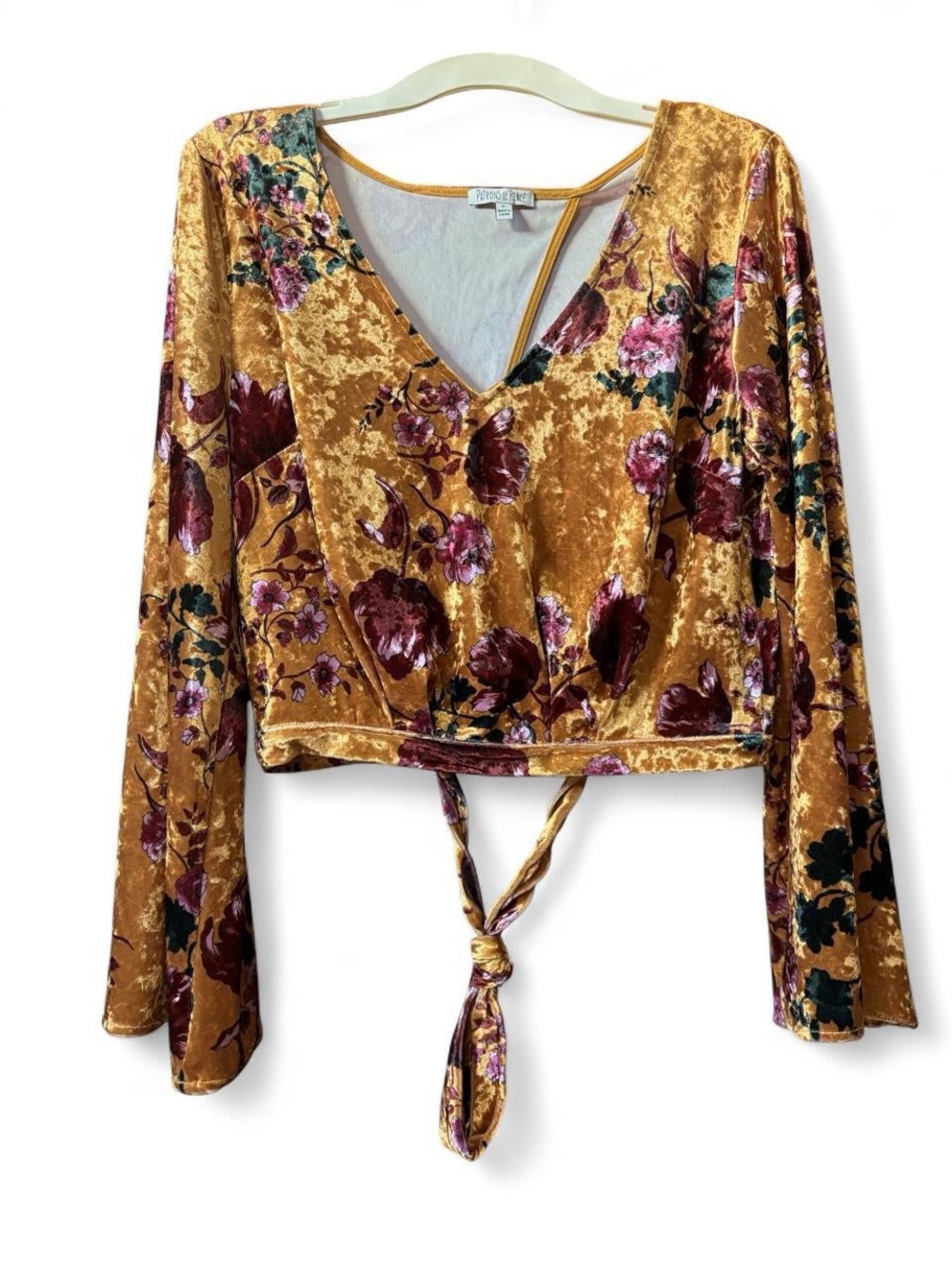 Patrons Of Peace Velvet Floral Tie-Front Top - Gold
